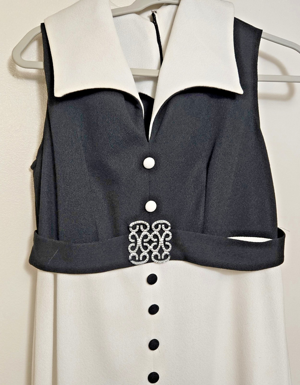 Vintage Black & White Color Block Maxi Dress with Faux Statement Belt